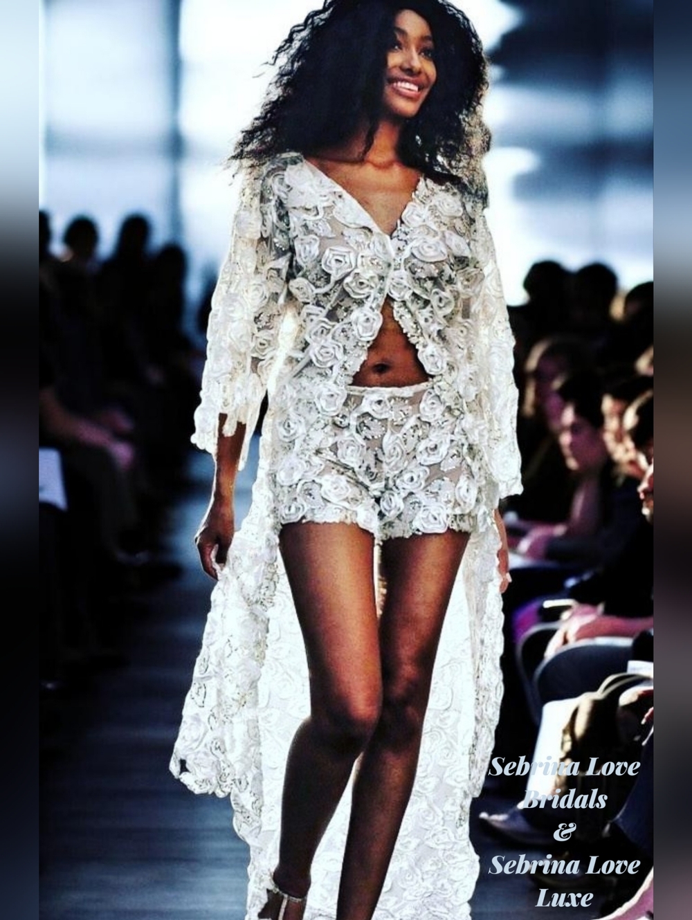 MYKAYLA 3D Ivory & Blue Lace Kimono & Shorts Wedding Set